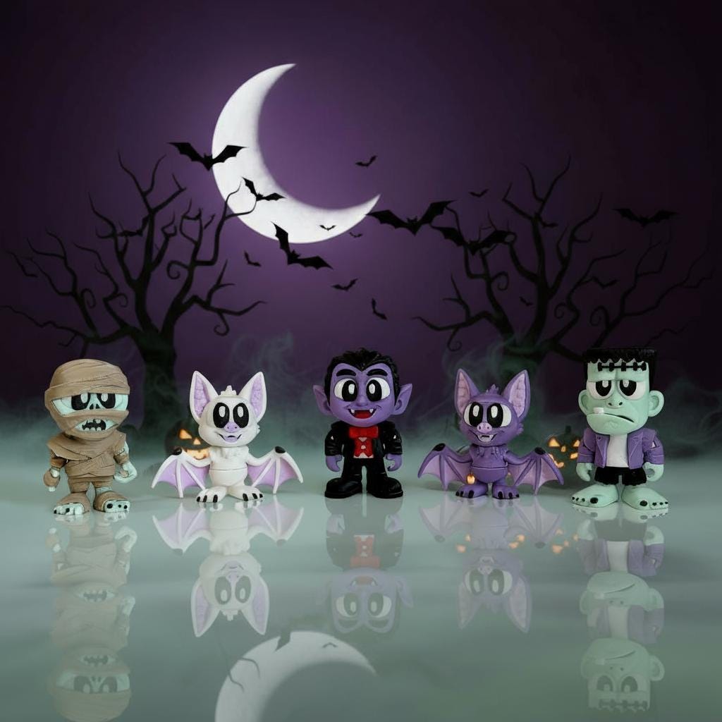 Cute Halloween Monster Toy Set: Frankenstein, Mummy, Dracula & Bats - 3D Printed Spooky Decor Unique Gothic, Halloween Gift, Fall Gift